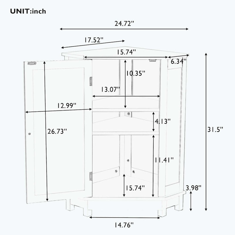 Meuble d'angle triangulaire pour salle de bain avec étagère