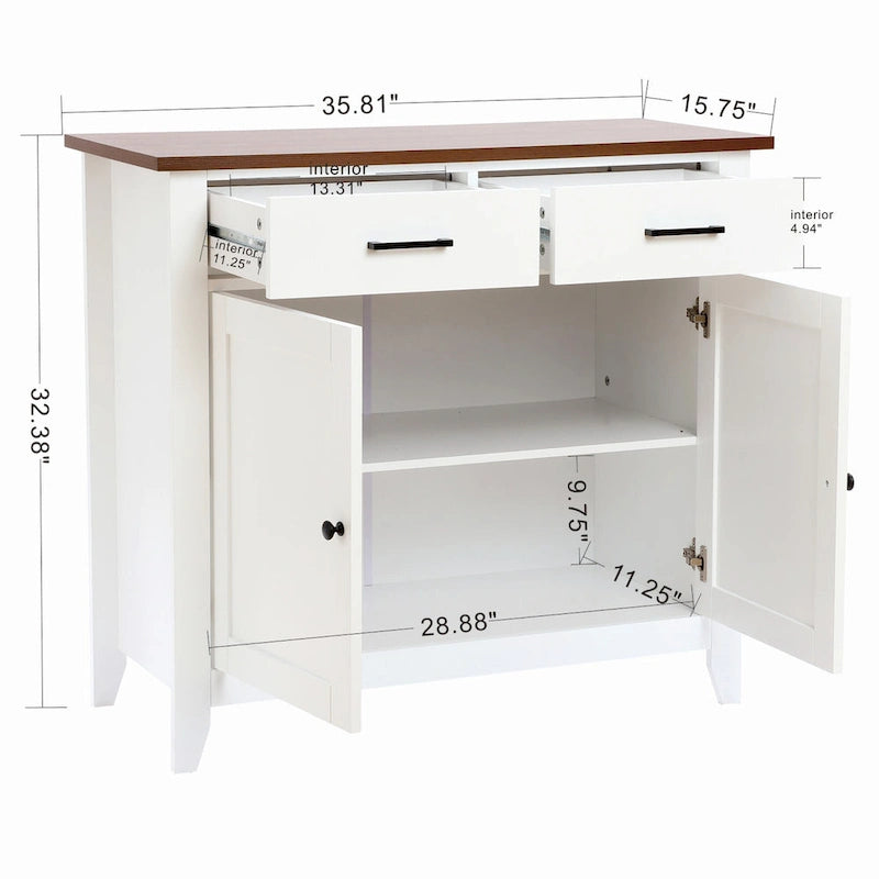 Buffet en bois blanc à 2 tiroirs et 2 portes - 83,3 cm (H) x 91 cm (L) x 40 cm (P)