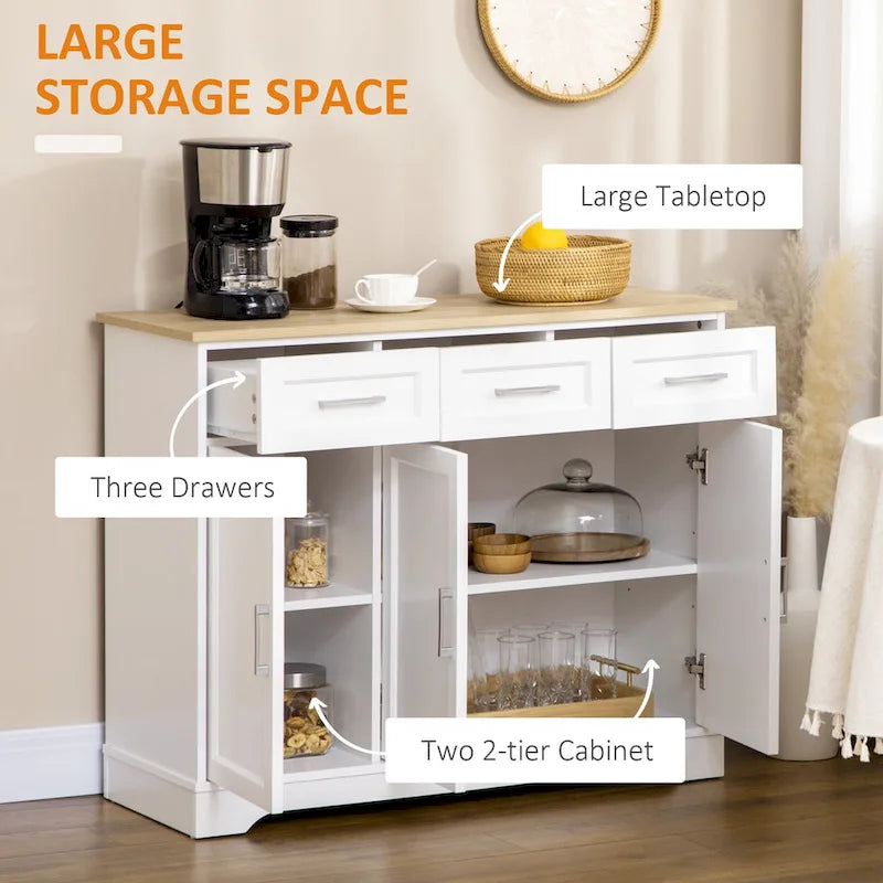 Buffet de cuisine moderne HOMCOM avec de nombreux rangements, 3 tiroirs, placards et étagère réglable