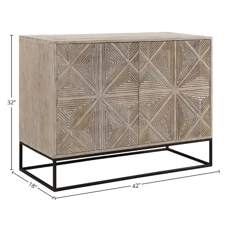 Buffet Parker 4 portes en bois de manguier sculpté de 107 cm (42 pouces) avec piètement en fer