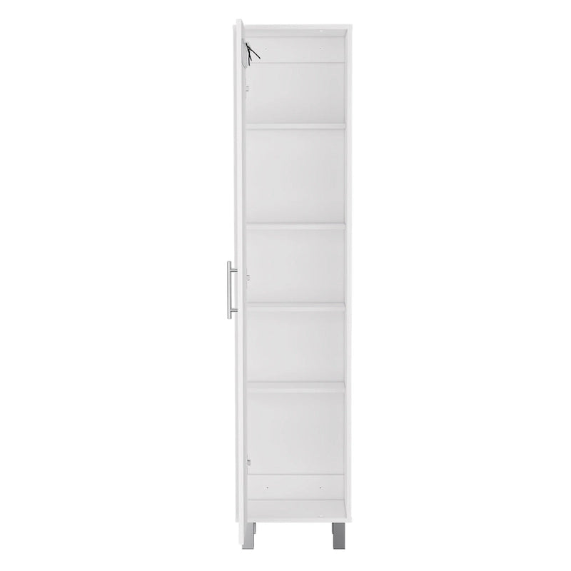 Armoire de rangement haute et étroite Dryden avec étagère à 5 niveaux et supports à balais, blanche