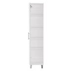 Armoire de rangement haute et étroite Dryden avec étagère à 5 niveaux et supports à balais, blanche