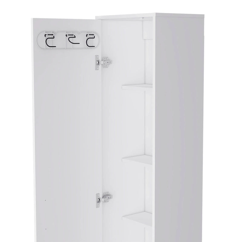 Armoire de rangement haute et étroite Dryden avec étagère à 5 niveaux et supports à balais, blanche
