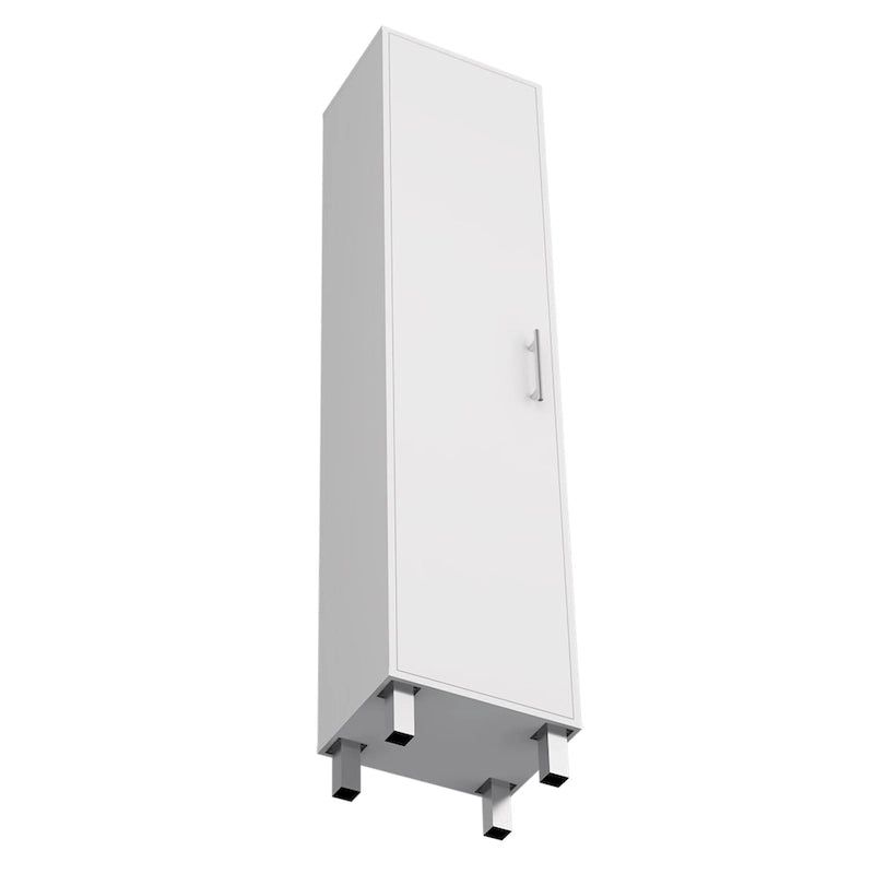 Armoire de rangement haute et étroite Dryden avec étagère à 5 niveaux et supports à balais, blanche