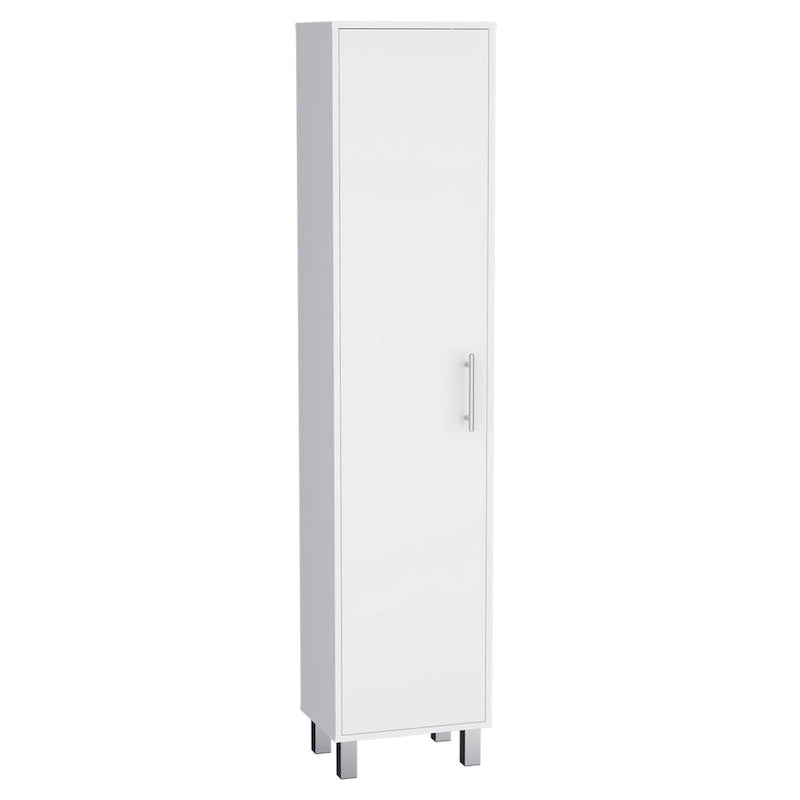 Armoire de rangement haute et étroite Dryden avec étagère à 5 niveaux et supports à balais, blanche
