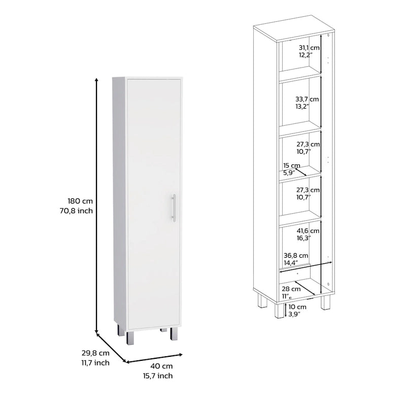 Armoire de rangement haute et étroite Dryden avec étagère à 5 niveaux et supports à balais, blanche
