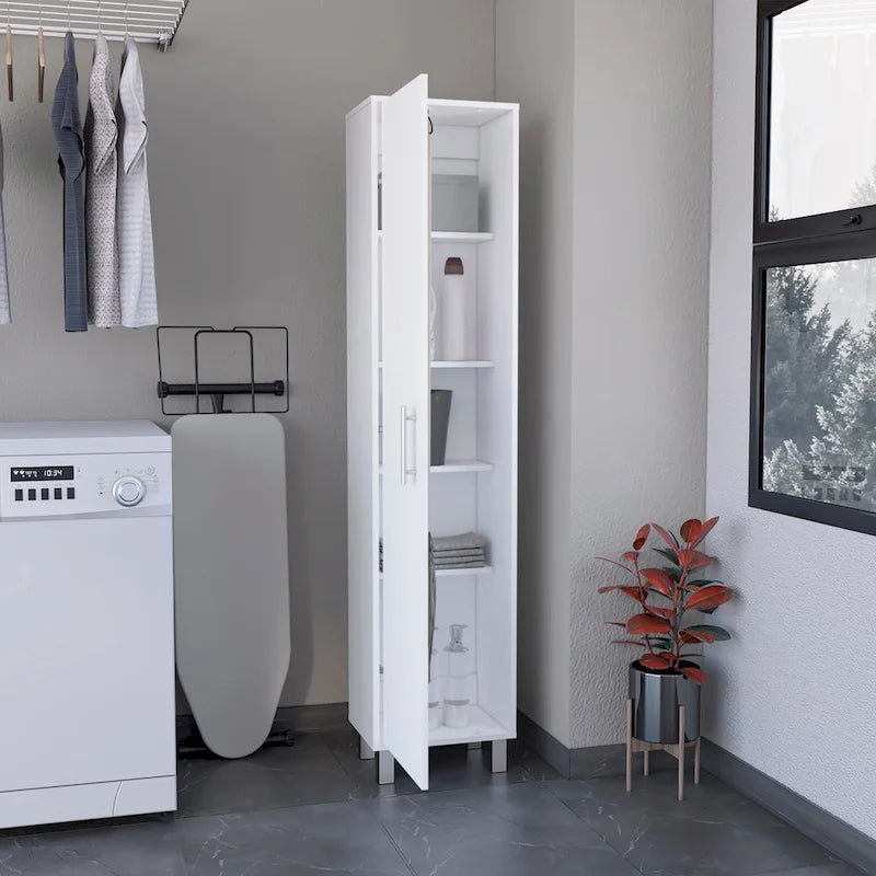 Armoire de rangement haute et étroite Dryden avec étagère à 5 niveaux et supports à balais, blanche