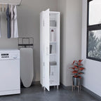 Armoire de rangement haute et étroite Dryden avec étagère à 5 niveaux et supports à balais, blanche