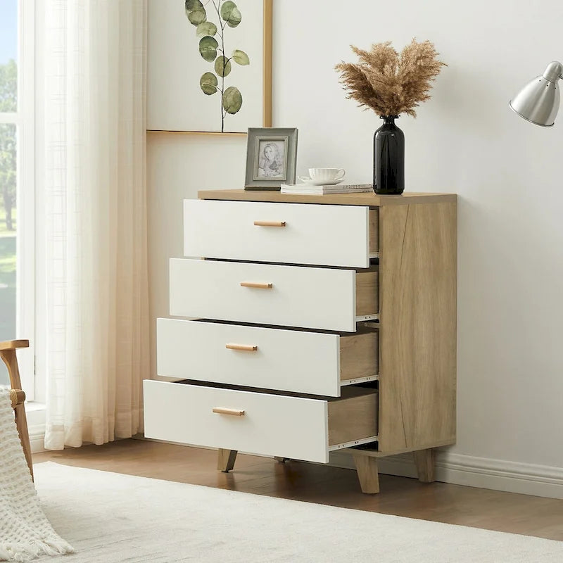 Armoire latérale de rangement moderne blanche avec poignées en bois massif et tiroir