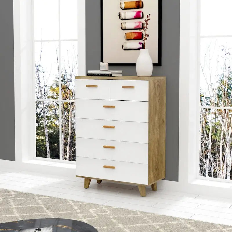 Armoire latérale de rangement moderne blanche avec poignées en bois massif et tiroir