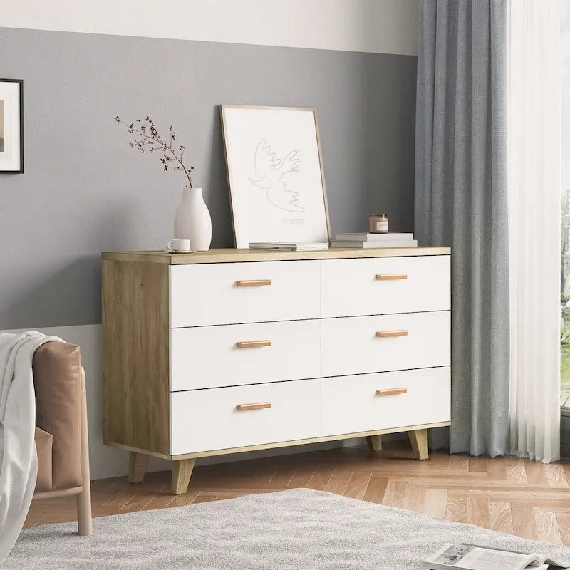 Armoire latérale de rangement moderne blanche avec poignées en bois massif et tiroir