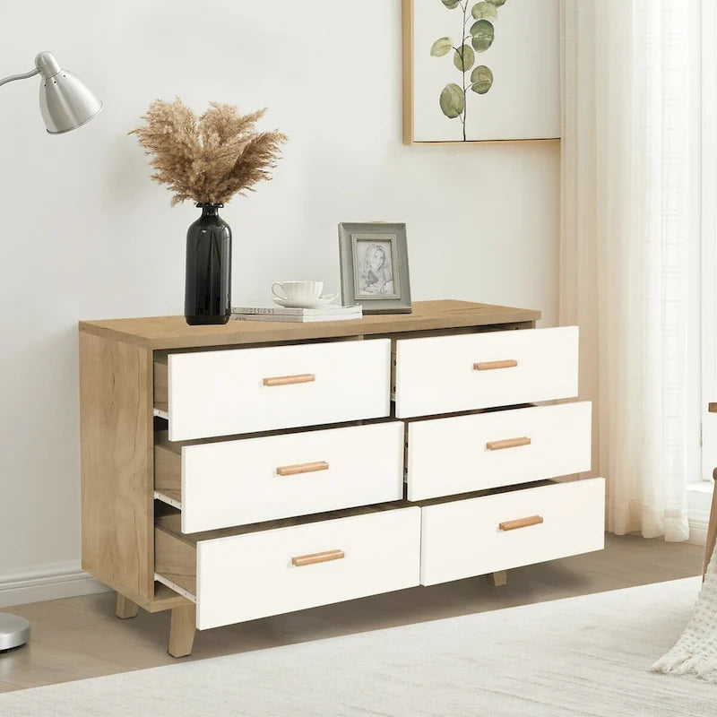 Armoire latérale de rangement moderne blanche avec poignées en bois massif et tiroir