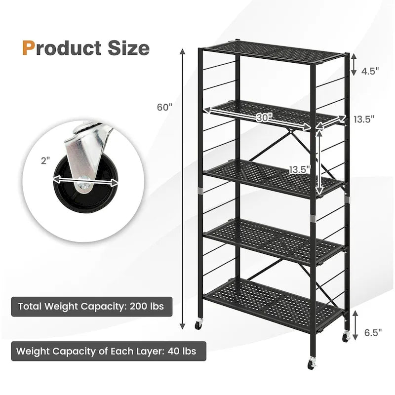 Étagères réglables à 5 niveaux avec roulettes pour garage, cuisine ou balcon - 30 x 13,5 x 60