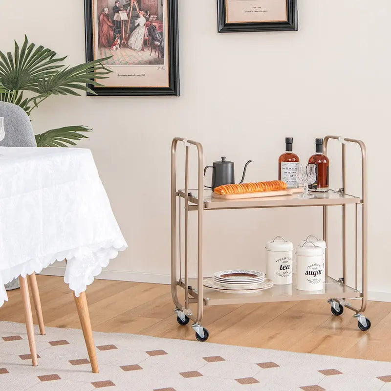 Chariot de service mobile à 2 niveaux avec étagère en verre trempé - Doré - 26 x 16 x 28,5
