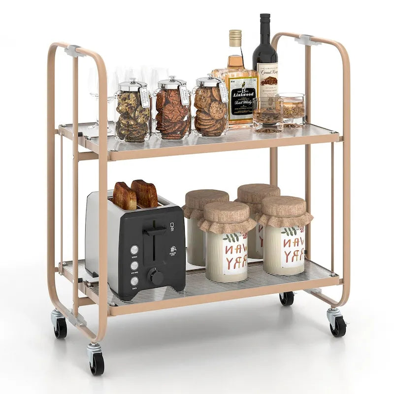 Chariot de service mobile à 2 niveaux avec étagère en verre trempé - Doré - 26 x 16 x 28,5