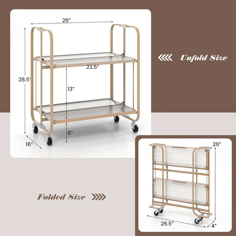 Chariot de service mobile à 2 niveaux avec étagère en verre trempé - Doré - 26 x 16 x 28,5