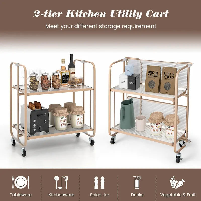Chariot de service mobile à 2 niveaux avec étagère en verre trempé - Doré - 26 x 16 x 28,5