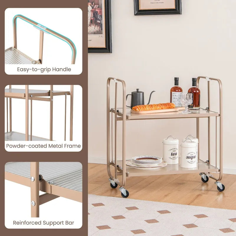 Chariot de service mobile à 2 niveaux avec étagère en verre trempé - Doré - 26 x 16 x 28,5