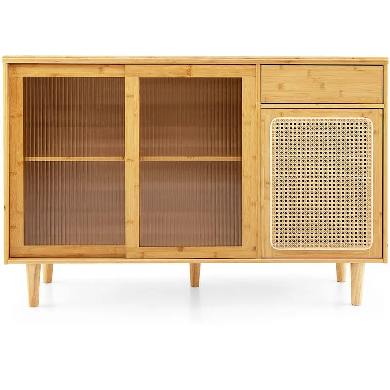 Modern Bamboo Buffet Sideboard Cabinet with Tempered Glass Sliding Doors-Natural - 47 x 14 x 32.5 (L x W x H)