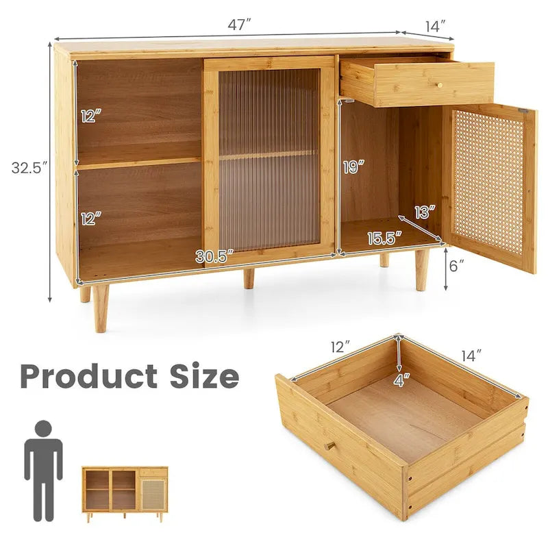 Buffet moderne en bambou avec portes coulissantes en verre trempé - Naturel - 47 x 14 x 32,5 (L x l x H)