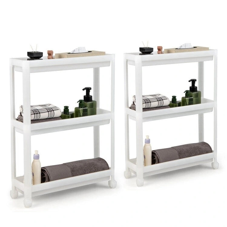 2 Pieces 3-Tier Slim Detachable Storage Cart with Drainage Holes and Wheels-White - 20.8 x 6.8 x 27.5