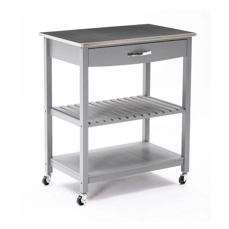 Îlot de cuisine à deux niveaux de 96,5 cm (38 po), étagère, plateau en acier, roulettes verrouillables, gris - 48,3 cm (19 po) L x 77,5 cm (30,5 po) l x 90,8 cm (35,75 po) H