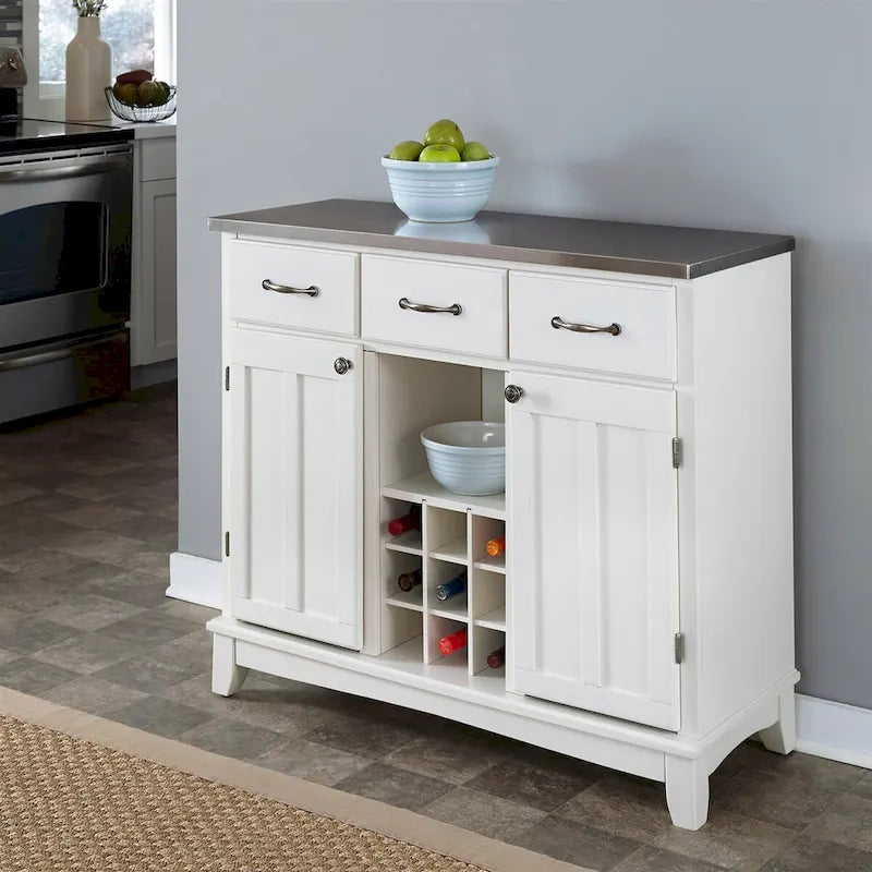 Îlot de cuisine/buffet/meuble avec casier à vin et plateau en acier inoxydable blanc - 41,75 po L x 17 po P x 36,25 po H