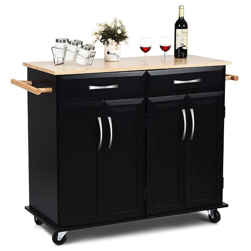 Chariot de rangement pour îlot de cuisine noir avec plateau en bois et roulettes - 48,5 x 18,5 x 36,5 (L x l x H)