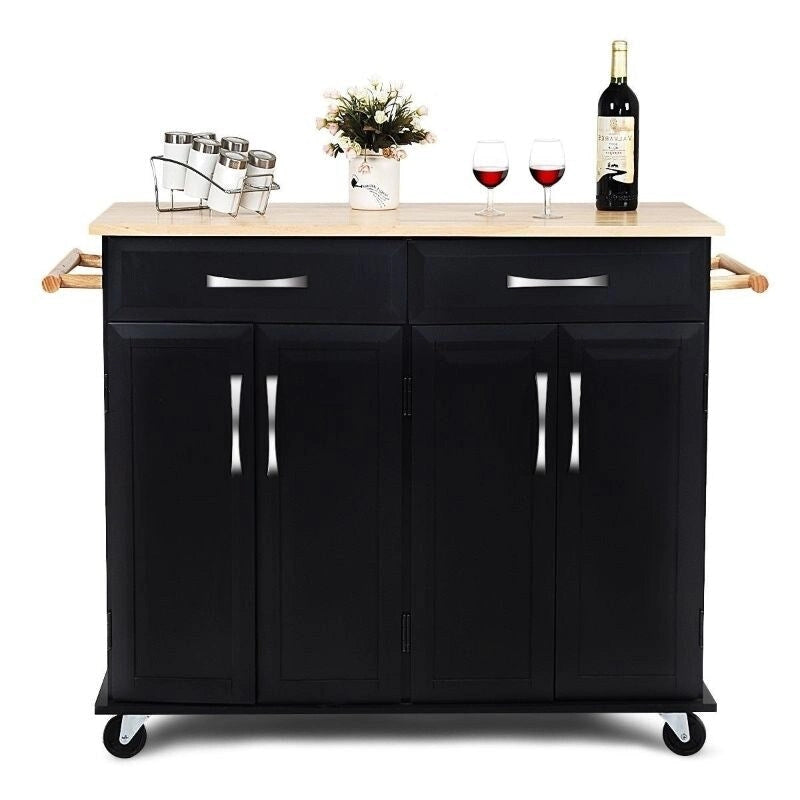 Chariot de rangement pour îlot de cuisine noir avec plateau en bois et roulettes - 48,5 x 18,5 x 36,5 (L x l x H)