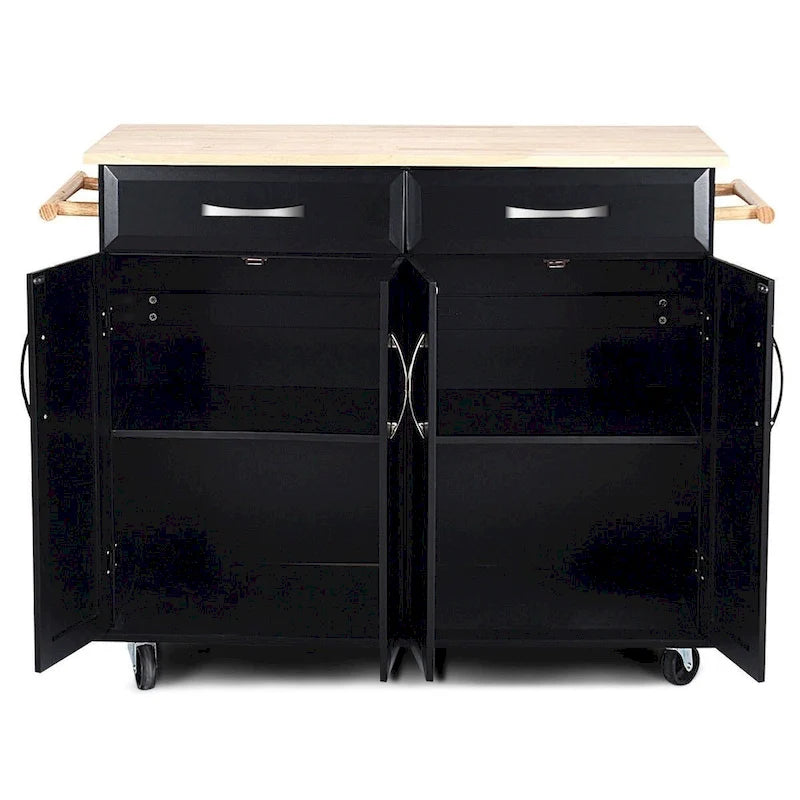 Chariot de rangement pour îlot de cuisine noir avec plateau en bois et roulettes - 48,5 x 18,5 x 36,5 (L x l x H)