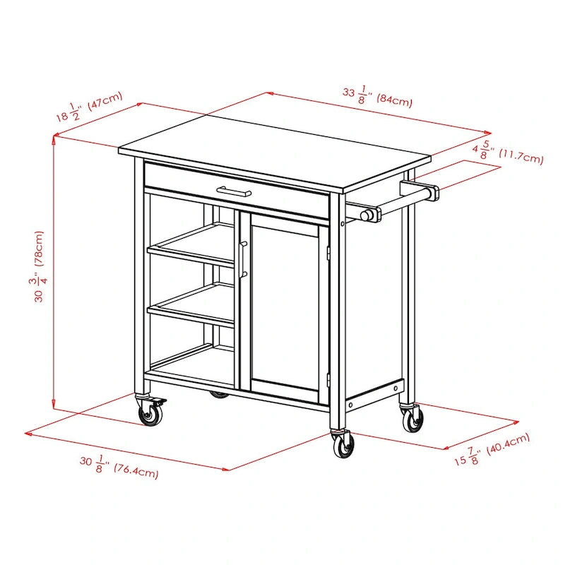 Chariot de cuisine Marissa, noyer - 92 x 47 x 88 cm