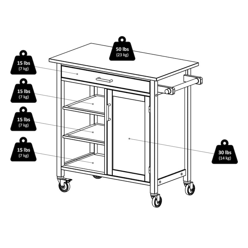 Chariot de cuisine Marissa, noyer - 92 x 47 x 88 cm