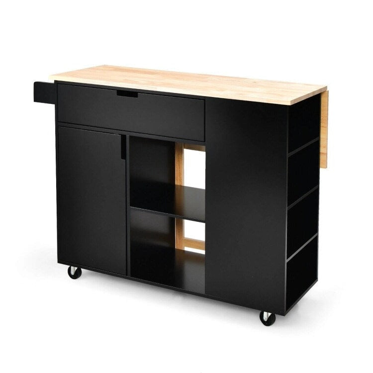 Îlot de cuisine à abattants avec plateau en bois d'hévéa - 49 x 30 x 36 (L x l x H)