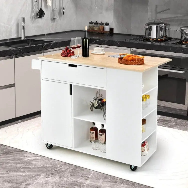 Îlot de cuisine à abattants avec plateau en bois d'hévéa - 49 x 30 x 36 (L x l x H)