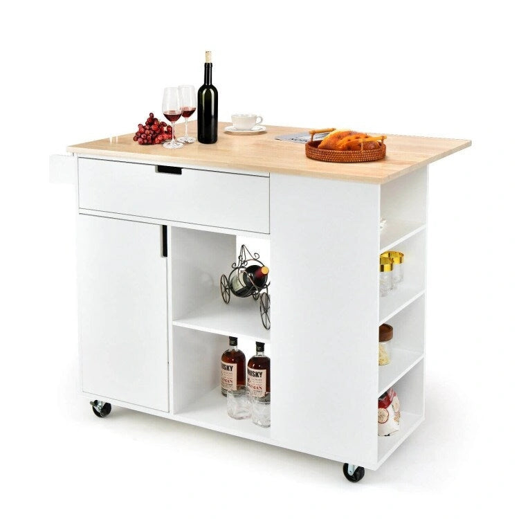 Îlot de cuisine à abattants avec plateau en bois d'hévéa - 49 x 30 x 36 (L x l x H)