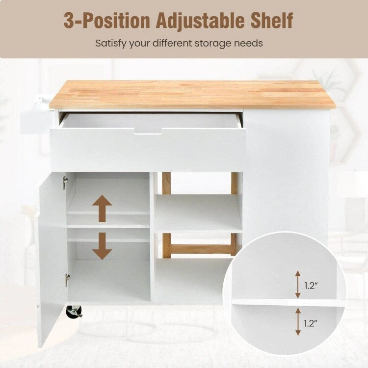 Îlot de cuisine à abattants avec plateau en bois d'hévéa - 49 x 30 x 36 (L x l x H)