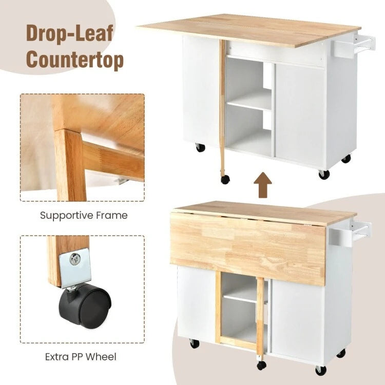 Îlot de cuisine à abattants avec plateau en bois d'hévéa - 49 x 30 x 36 (L x l x H)