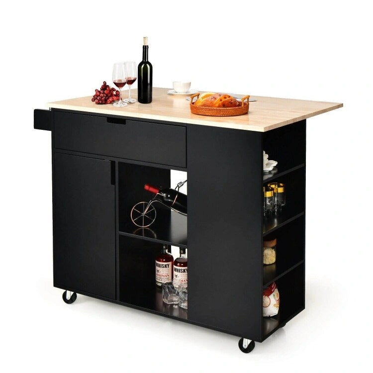 Îlot de cuisine à abattants avec plateau en bois d'hévéa - 49 x 30 x 36 (L x l x H)