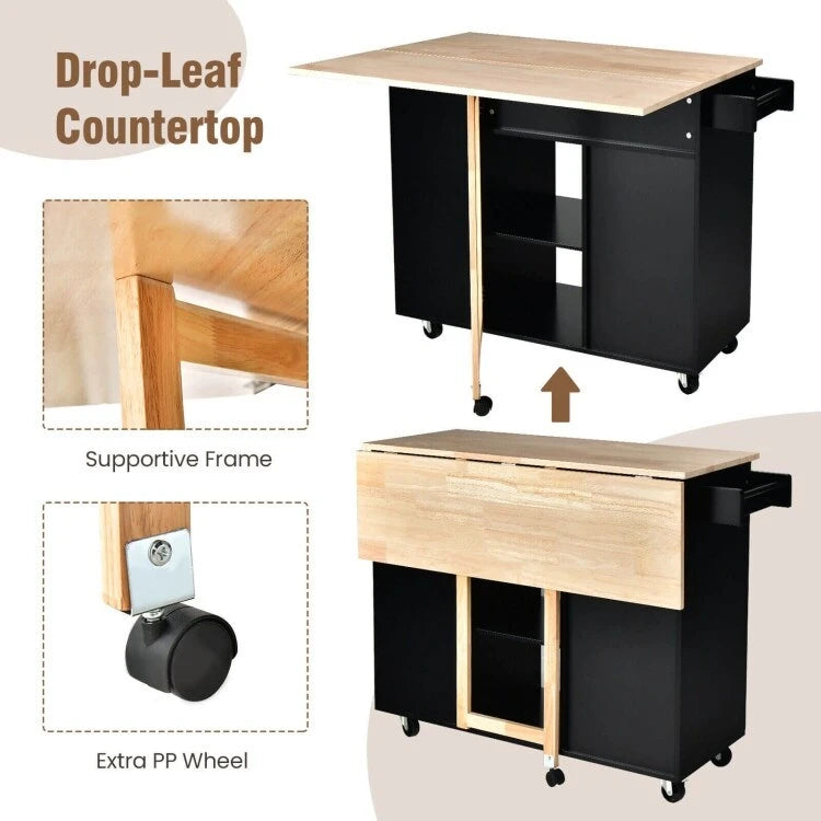Îlot de cuisine à abattants avec plateau en bois d'hévéa - 49 x 30 x 36 (L x l x H)