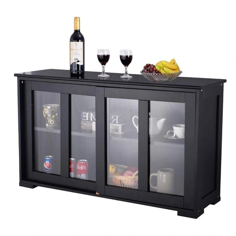 Black Sideboard Buffet Dining Storage Cabinet with 2 Glass Sliding Doors - 24.6 H x 41.9 W x 13 D