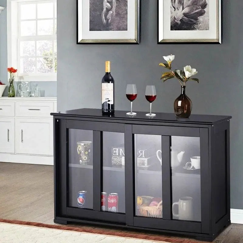 Buffet noir avec 2 portes coulissantes en verre - 62,5 cm (H) x 106,5 cm (L) x 33 cm (P)