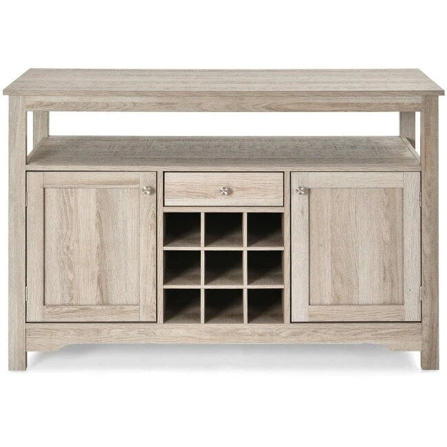 Gray Oak Buffet Server 9 Bottle Wine Cabinet Console - 45.5 inches L x 16 inches W x 31.5 inches H