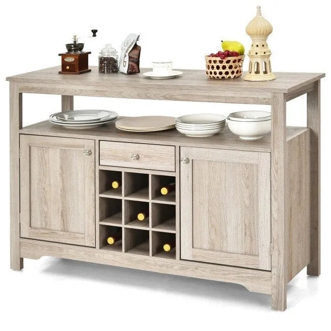 Buffet/console en chêne gris avec casier à vin 9 bouteilles - 115,5 cm L x 40,5 cm l x 80 cm H