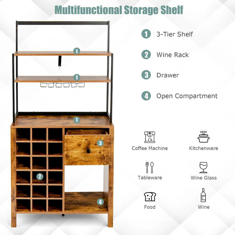 Table porte-bouteilles Gymax Kitchen Bakers Rack avec support à verres