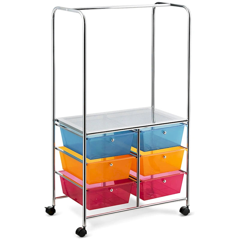 Chariot de rangement à roulettes Costway à 6 tiroirs avec barre de suspension - 25 x 14,5 x 44