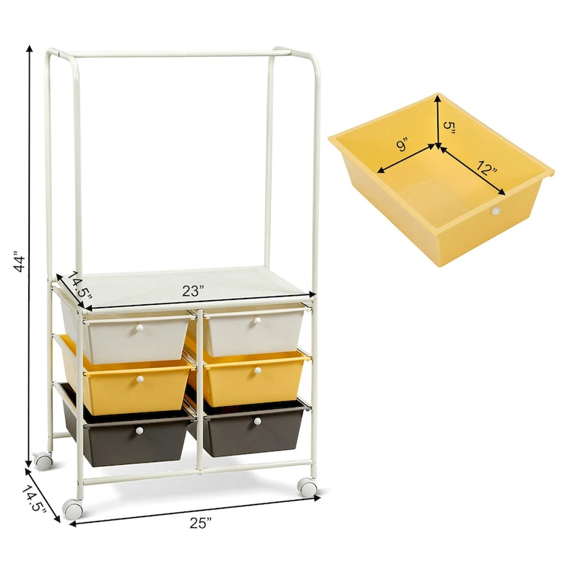 Chariot de rangement à roulettes Costway à 6 tiroirs avec barre de suspension - 25 x 14,5 x 44