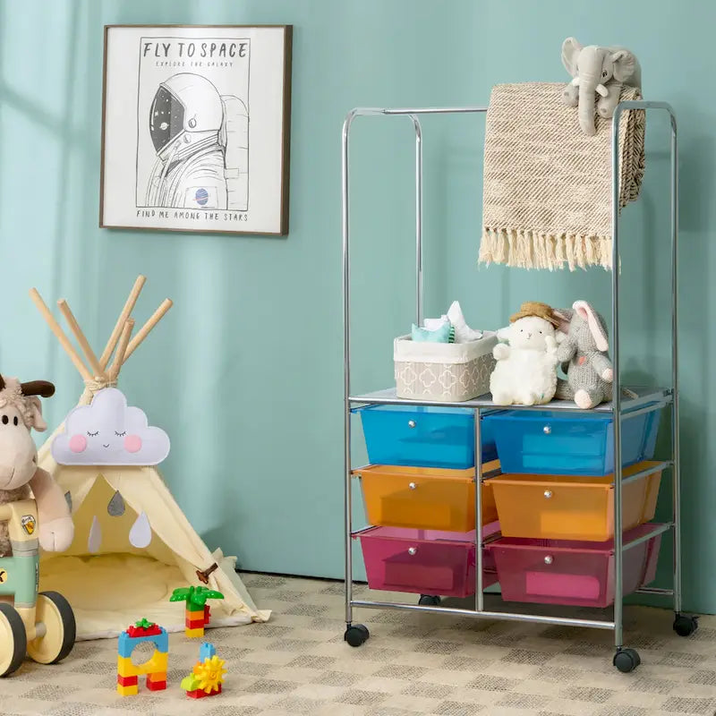 Chariot de rangement à roulettes Costway à 6 tiroirs avec barre de suspension - 25 x 14,5 x 44