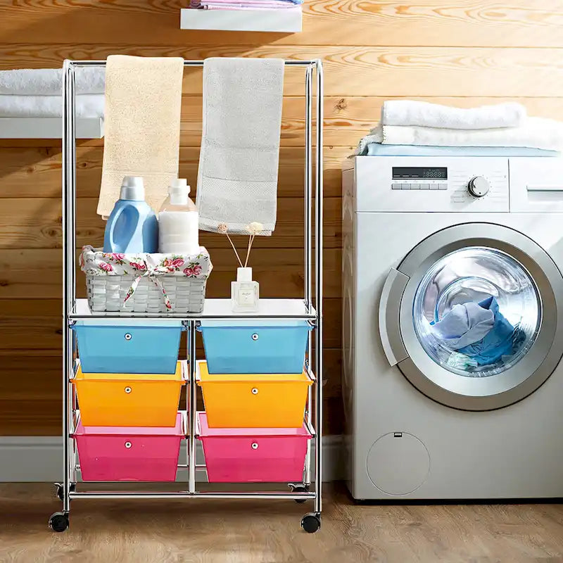 Chariot de rangement à roulettes Costway à 6 tiroirs avec barre de suspension - 25 x 14,5 x 44