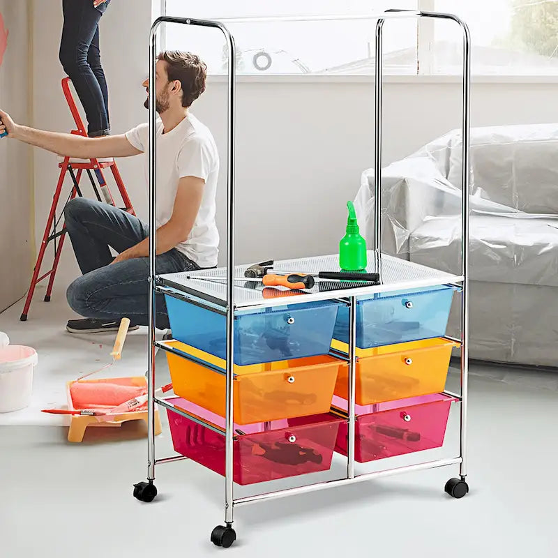 Chariot de rangement à roulettes Costway à 6 tiroirs avec barre de suspension - 25 x 14,5 x 44