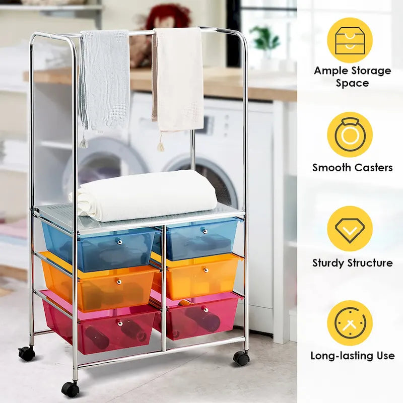 Chariot de rangement à roulettes Costway à 6 tiroirs avec barre de suspension - 25 x 14,5 x 44